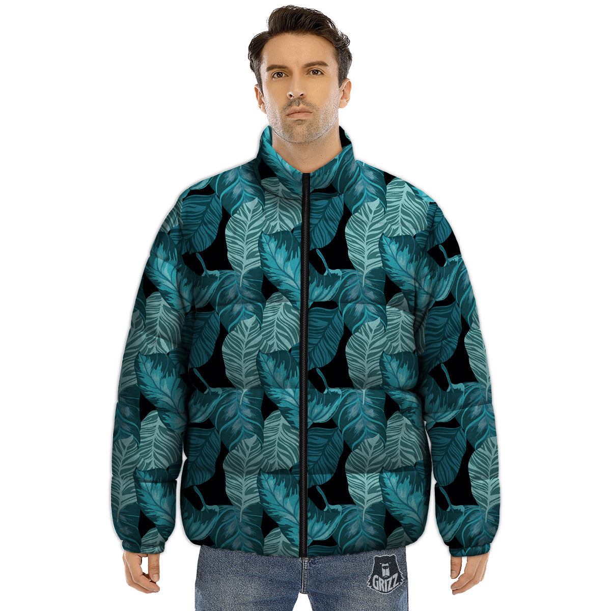 Banana Leaf Turquoise Print Pattern Puffer Jacket-grizzshop