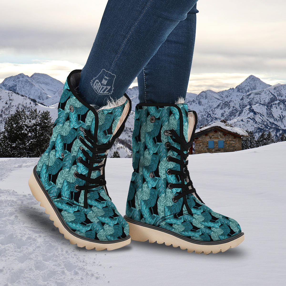 Banana Leaf Turquoise Print Pattern Snow Boots-grizzshop