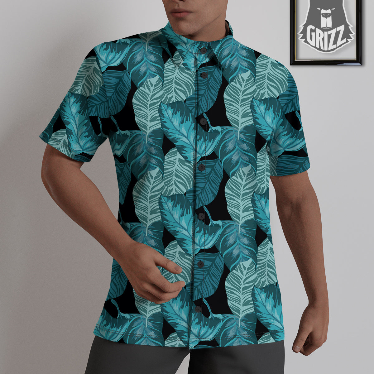 Banana Leaf Turquoise Print Pattern Untucked Shirts-grizzshop