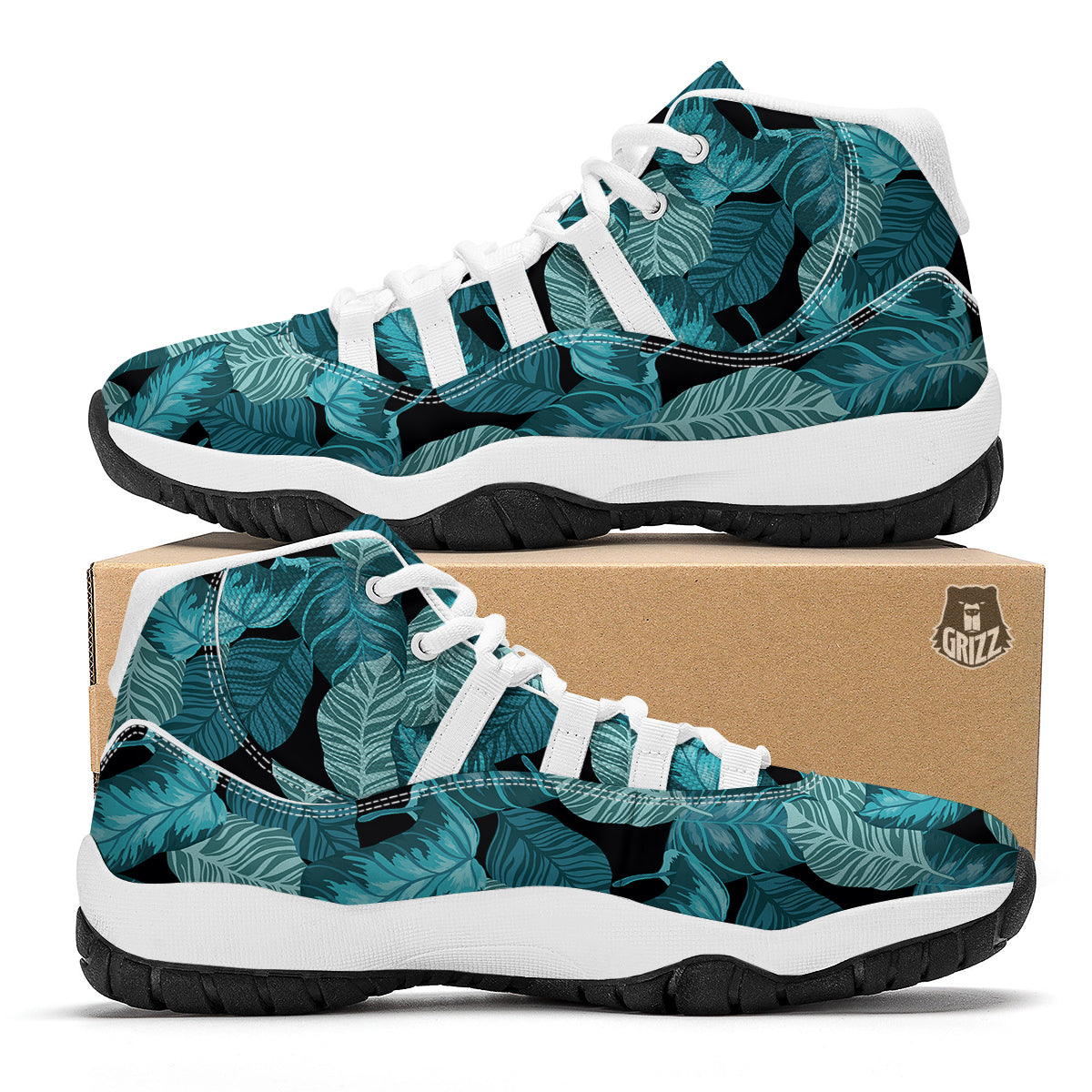 Banana Leaf Turquoise Print Pattern White Bball Shoes-grizzshop