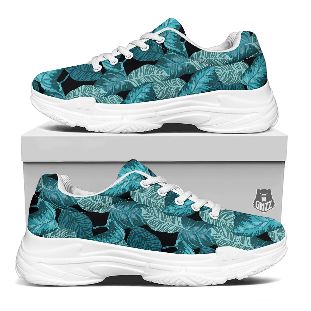 Banana Leaf Turquoise Print Pattern White Chunky Shoes-grizzshop