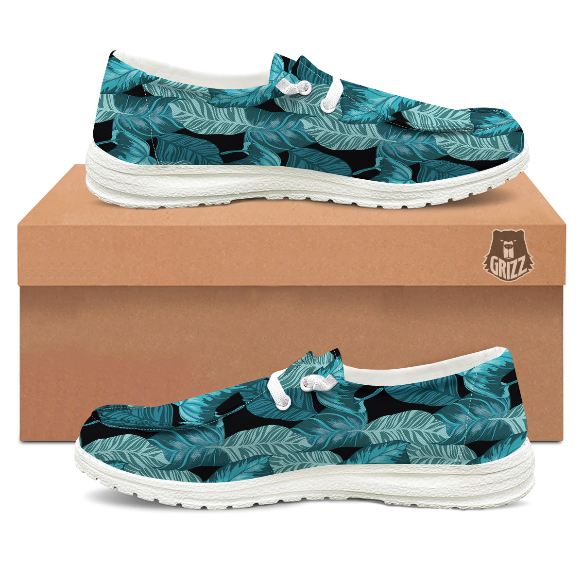 Banana Leaf Turquoise Print Pattern White Loafers-grizzshop