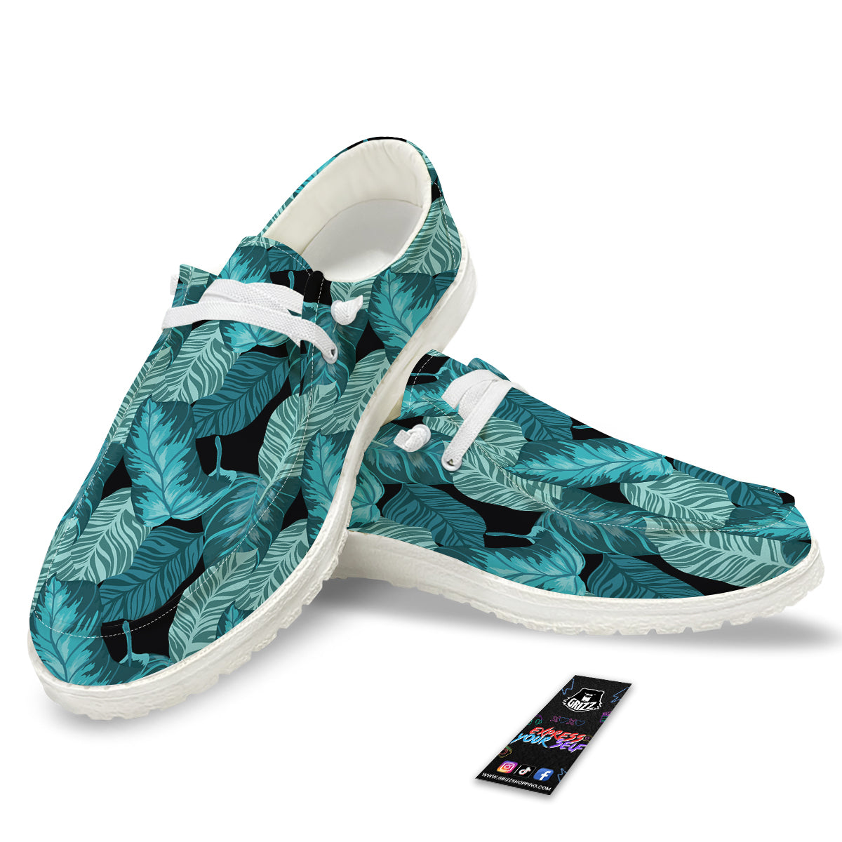 Banana Leaf Turquoise Print Pattern White Loafers-grizzshop