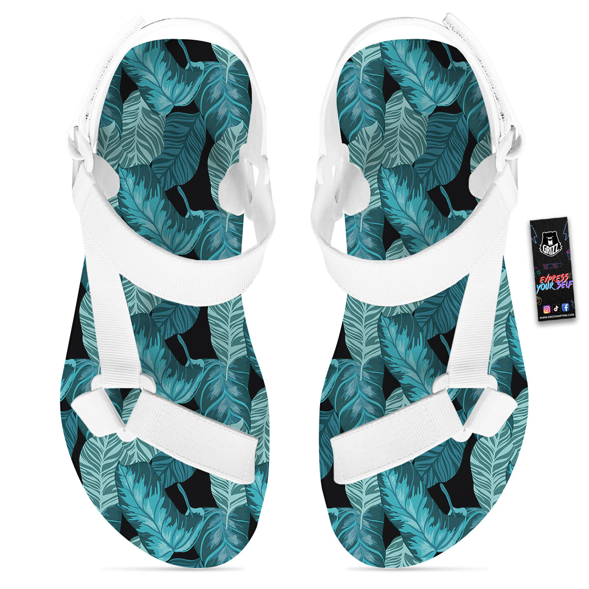 Banana Leaf Turquoise Print Pattern White Open Toe Sandals-grizzshop