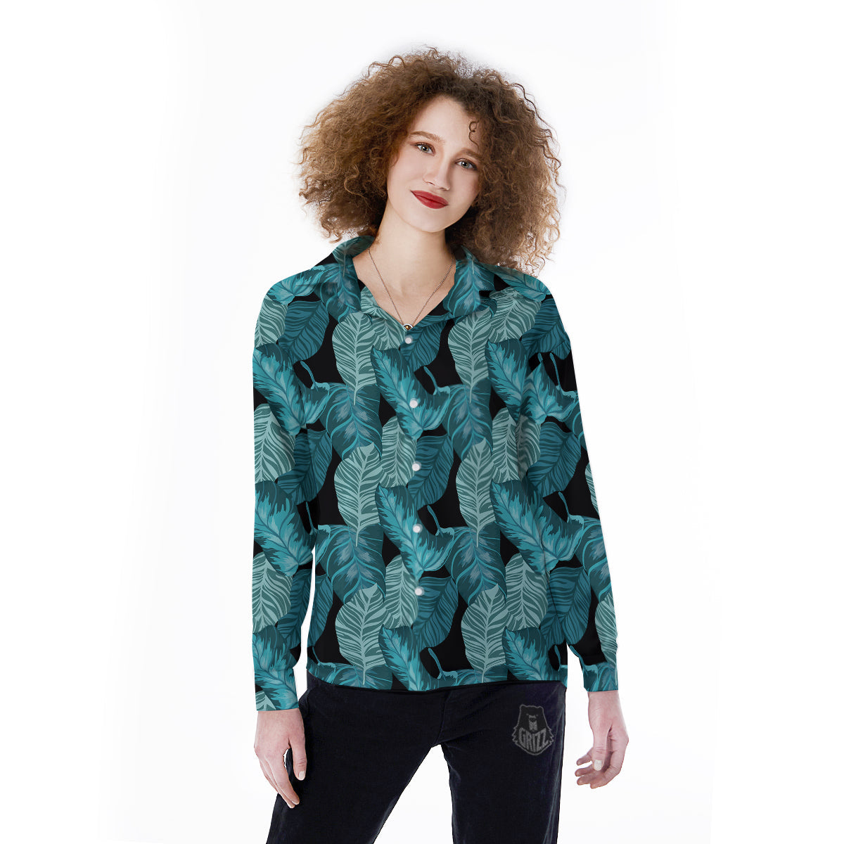 Banana Leaf Turquoise Print Pattern Women's Long Sleeve Shirts-grizzshop