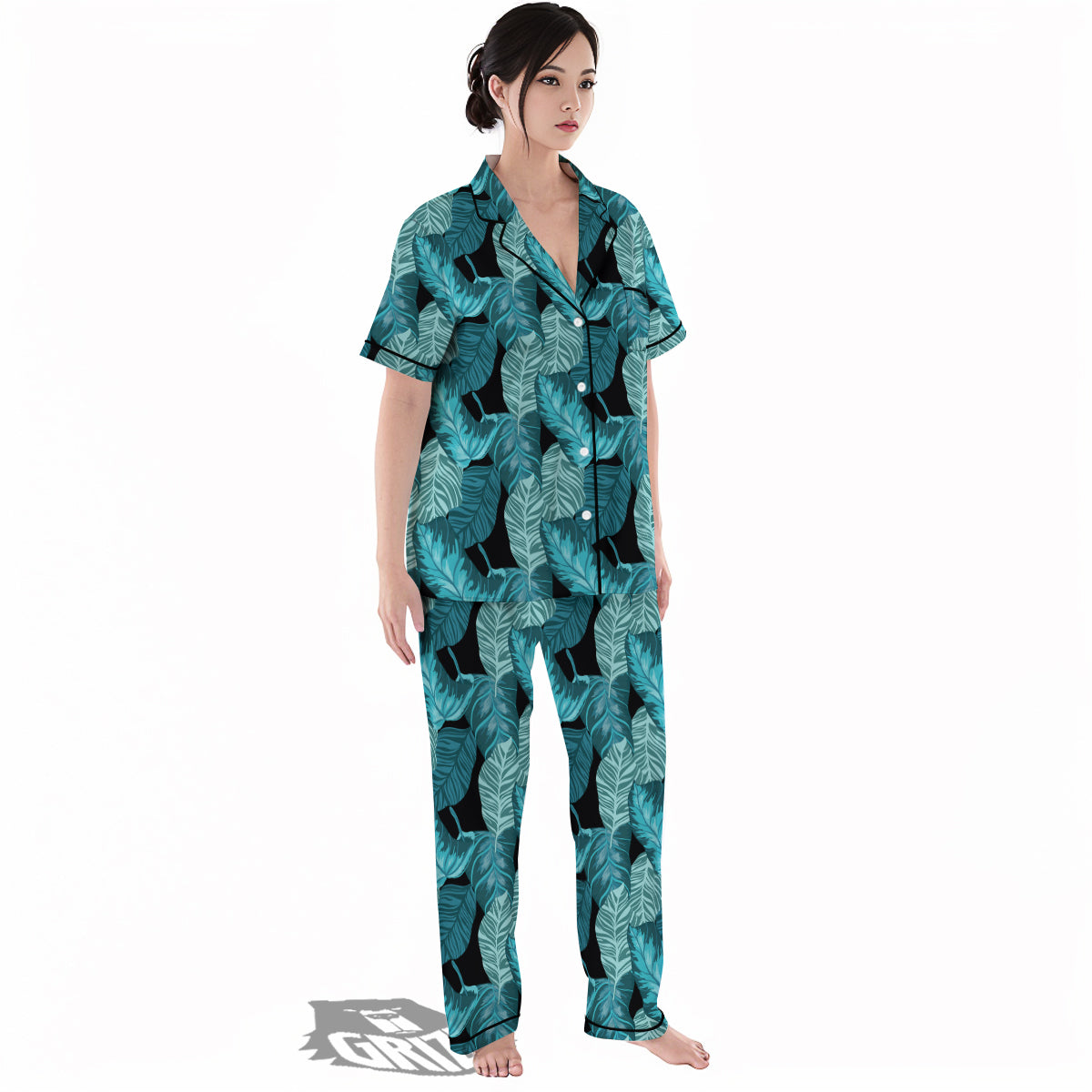 Banana Leaf Turquoise Print Pattern Women's Pajamas Set-grizzshop