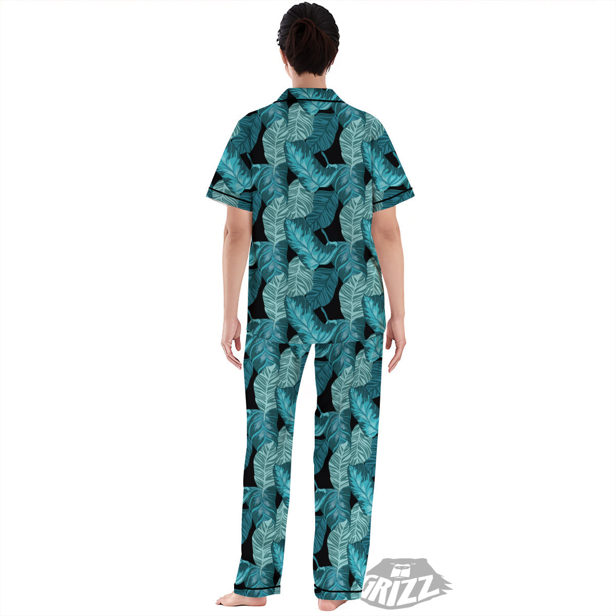 Banana Leaf Turquoise Print Pattern Women's Pajamas Set-grizzshop