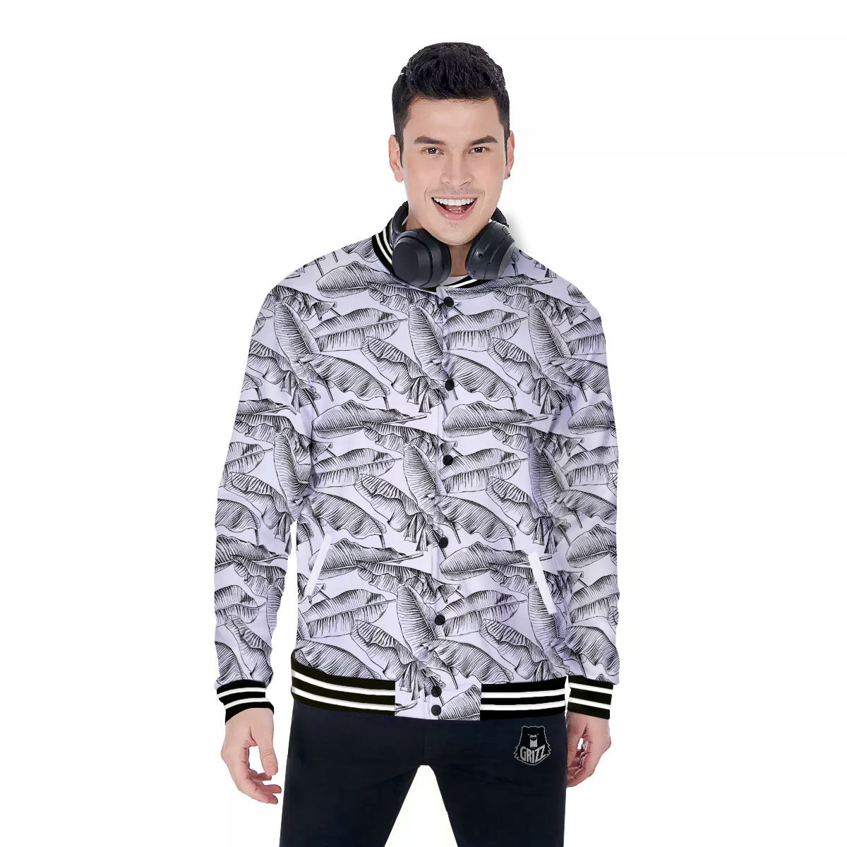 Banana Leaf White And Black Print Baseball Jacket-grizzshop