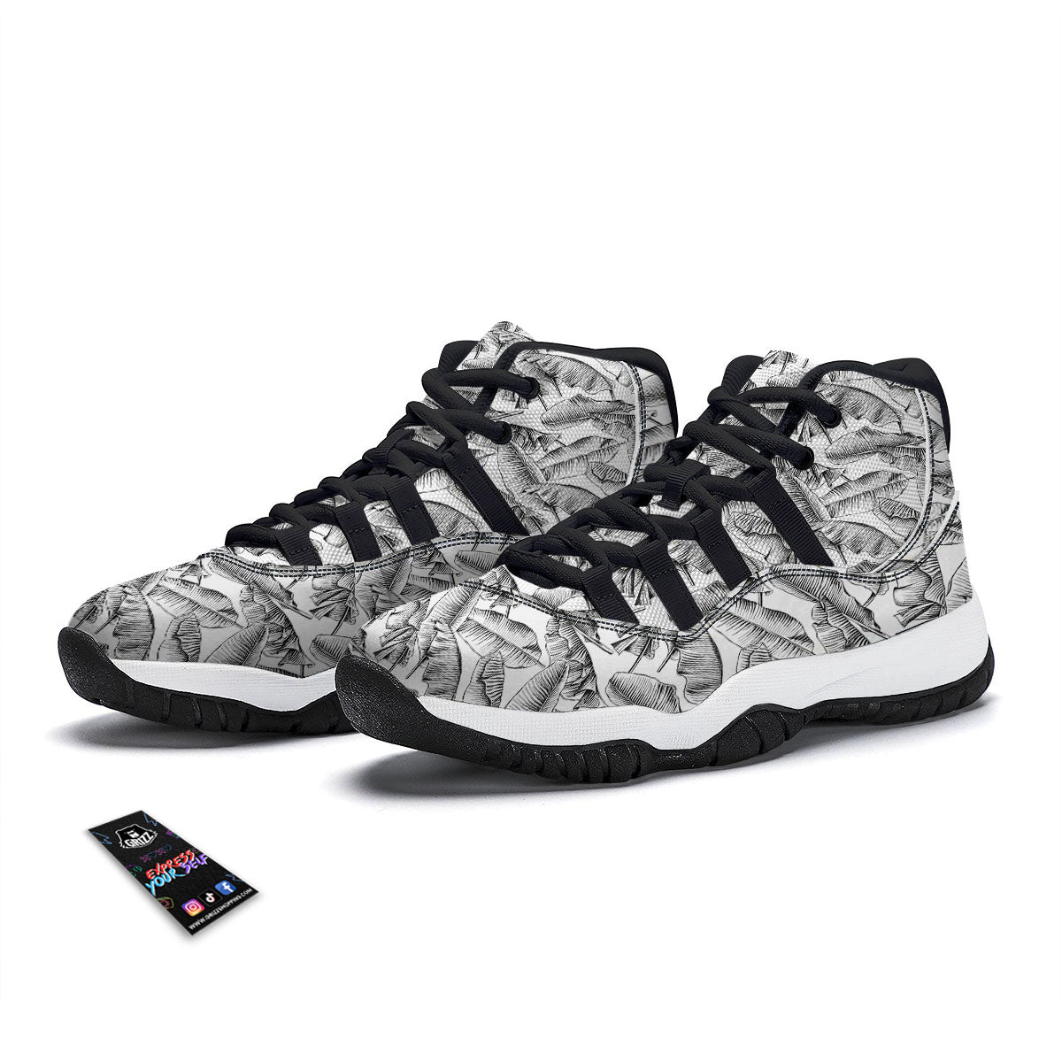 Banana Leaf White And Black Print Black Bball Shoes-grizzshop