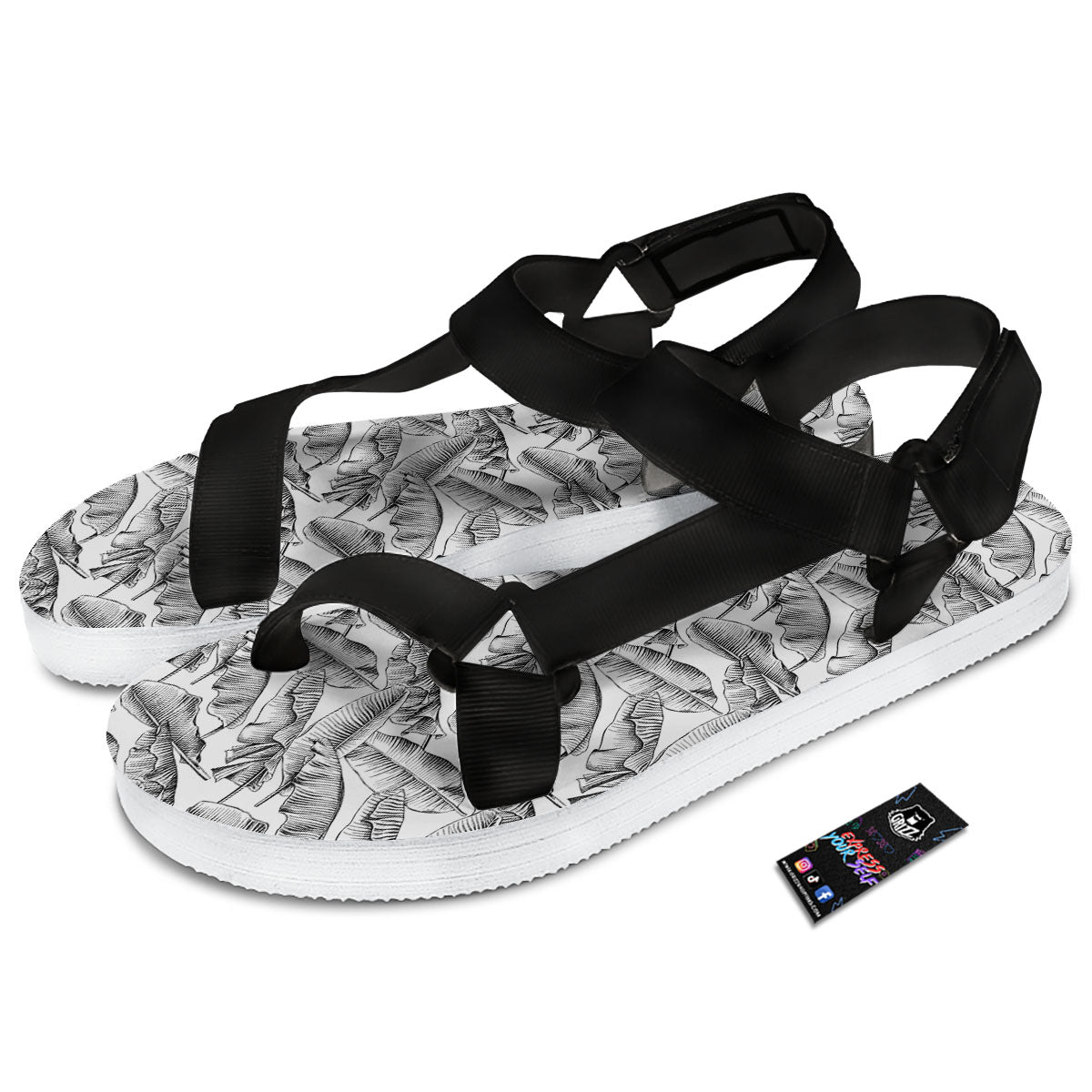 Banana Leaf White And Black Print Black Open Toe Sandals-grizzshop