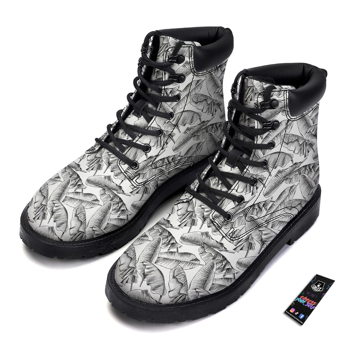 Banana Leaf White And Black Print Boots-grizzshop