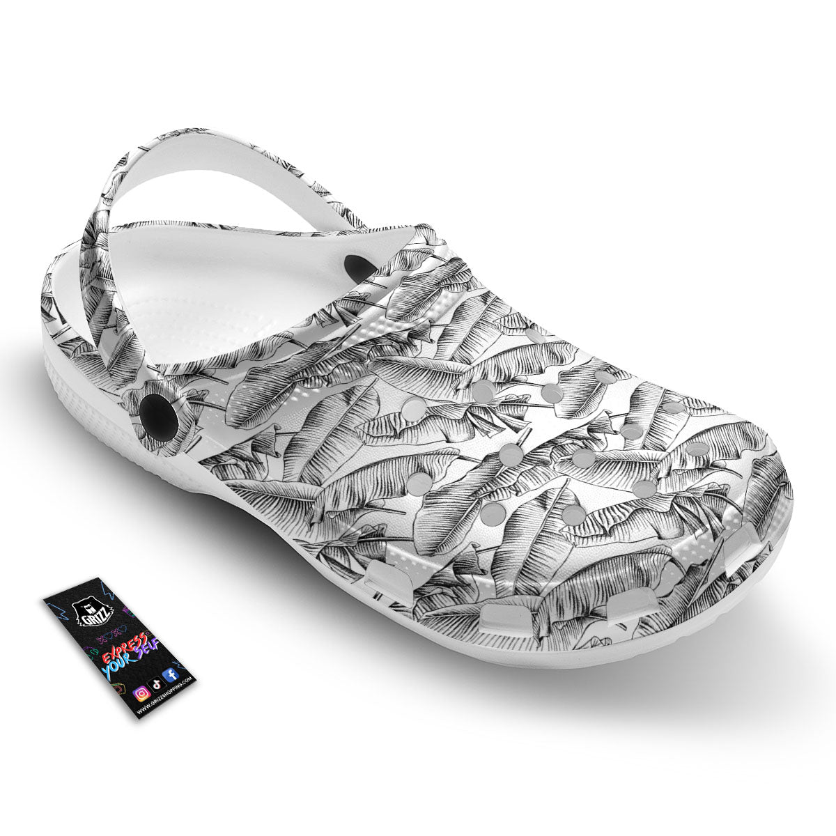 Banana Leaf White And Black Print Clog-grizzshop