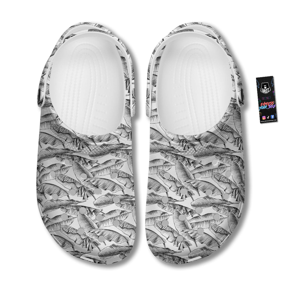 Banana Leaf White And Black Print Clog-grizzshop