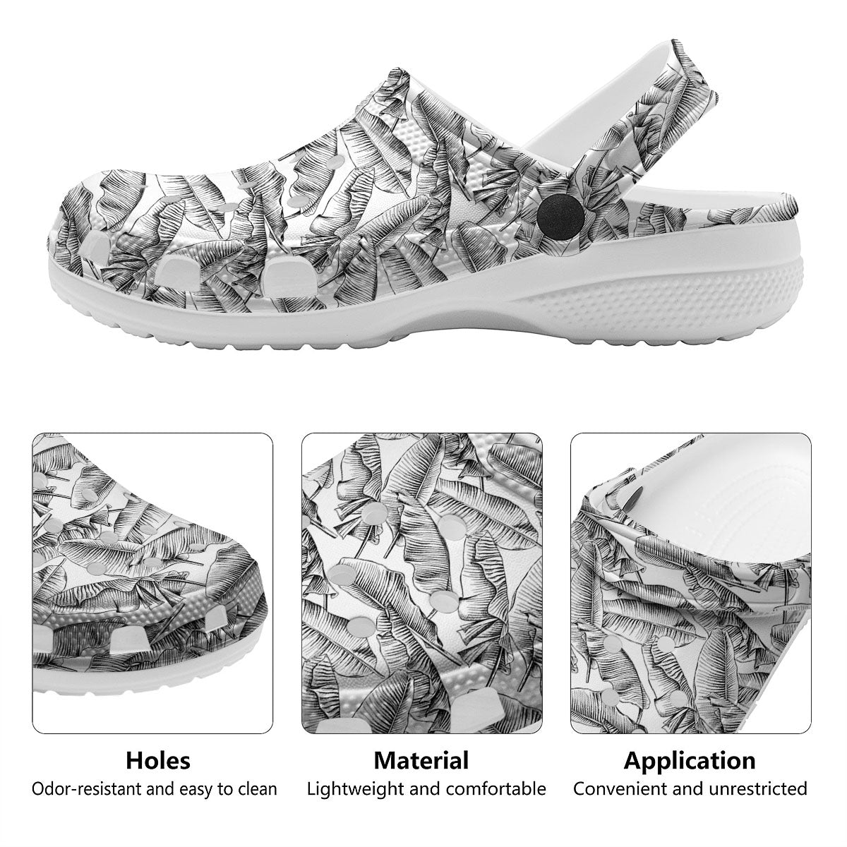 Banana Leaf White And Black Print Clog-grizzshop
