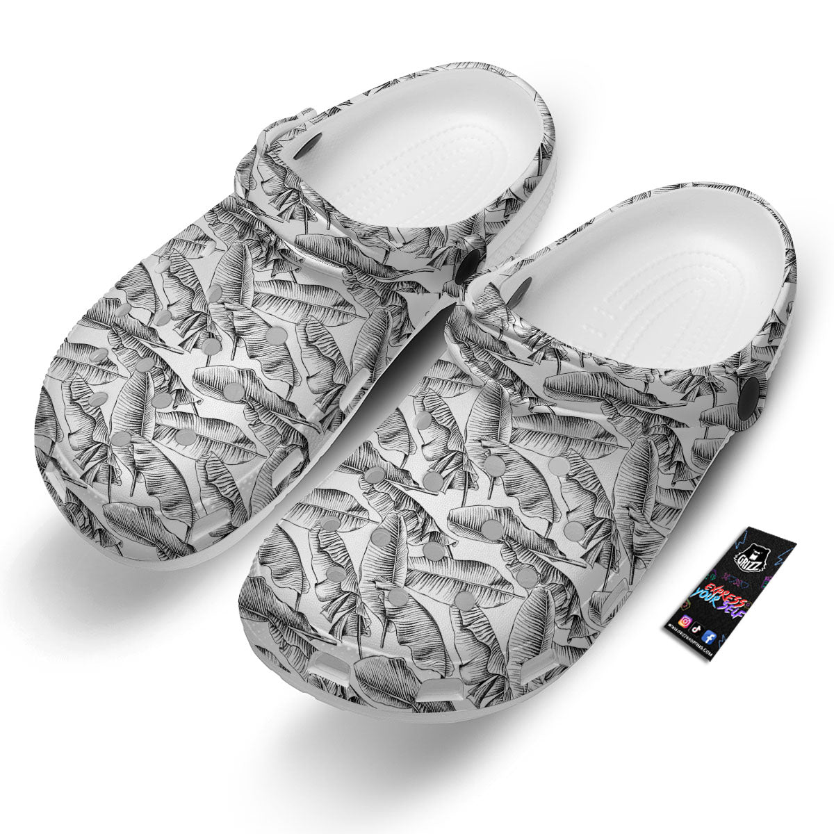 Banana Leaf White And Black Print Clog-grizzshop