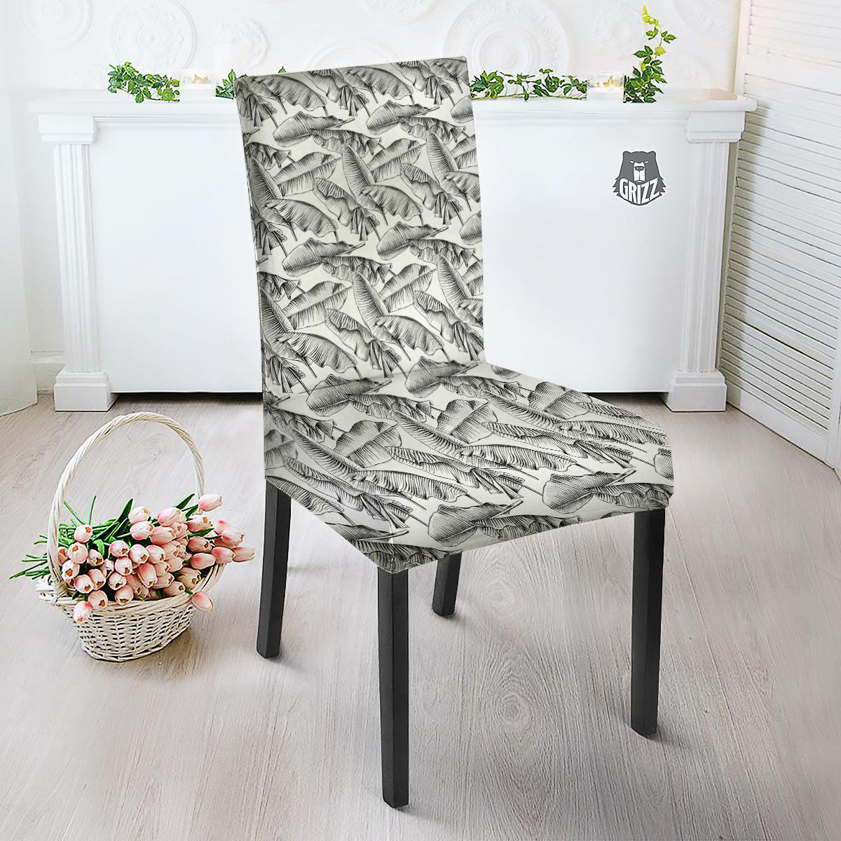 Banana Leaf White And Black Print Dining Chair Slipcover-grizzshop
