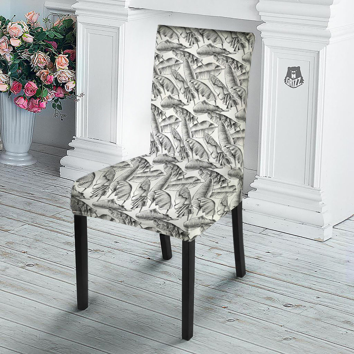 Banana Leaf White And Black Print Dining Chair Slipcover-grizzshop