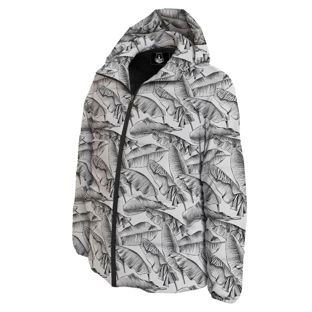 Banana Leaf White And Black Print Down Jacket-grizzshop