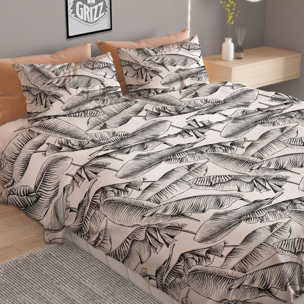 Banana Leaf White And Black Print Duvet Cover Bedding Set