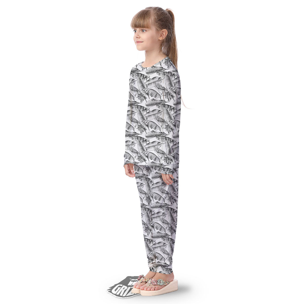 Banana Leaf White And Black Print Kid's Pajamas-grizzshop
