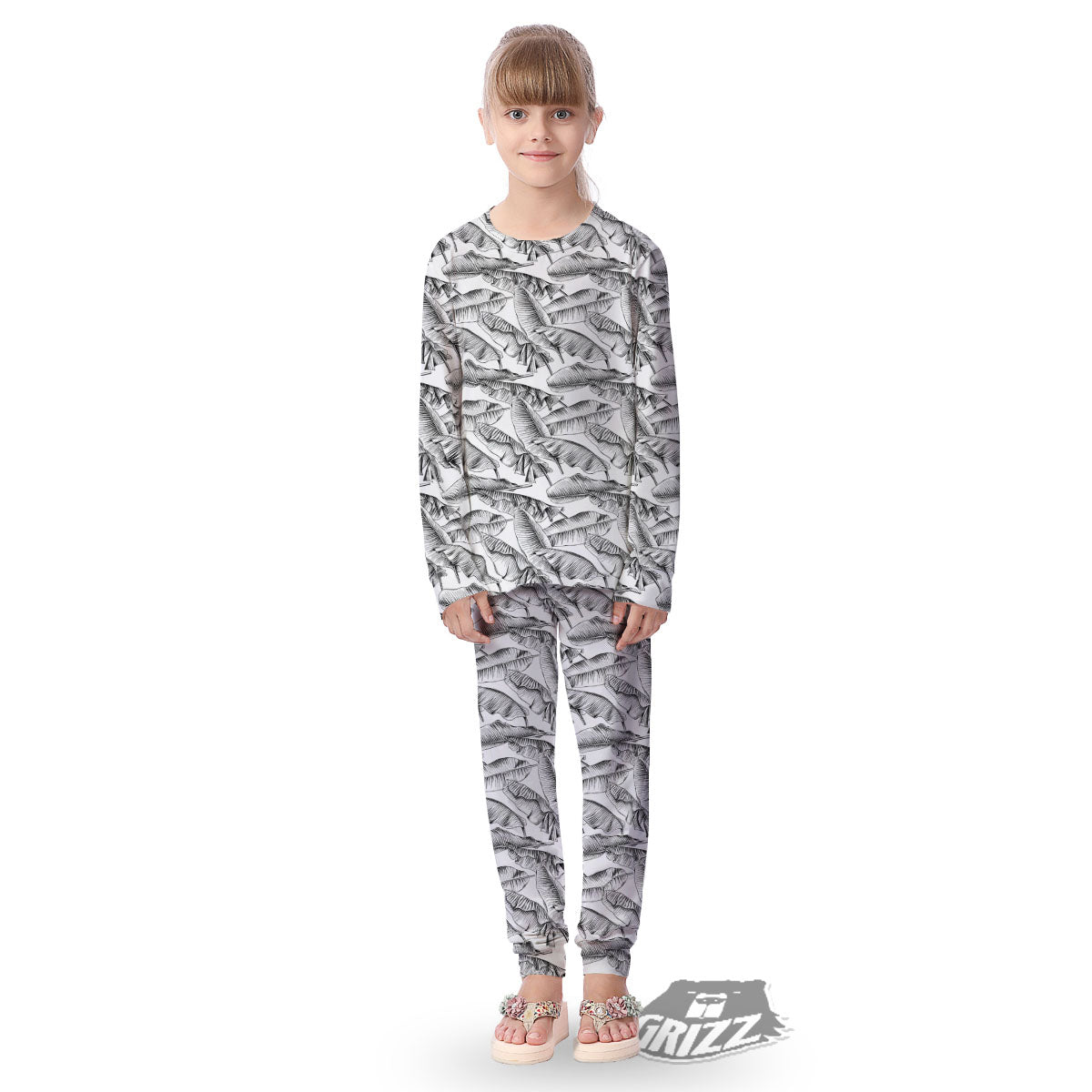 Banana Leaf White And Black Print Kid's Pajamas-grizzshop
