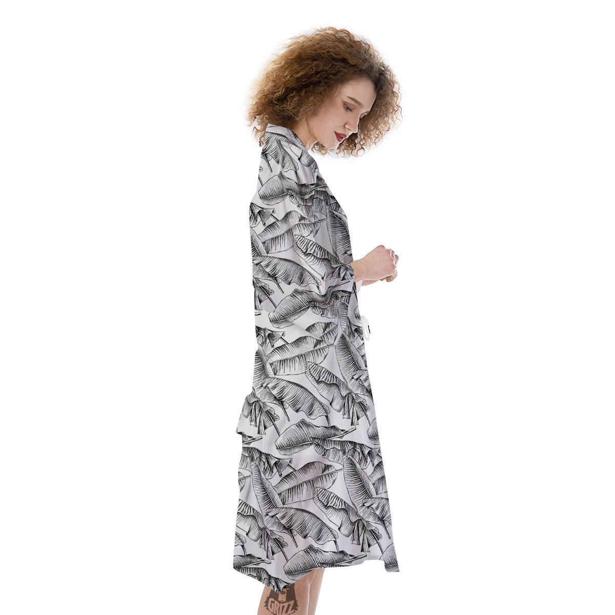 Banana Leaf White And Black Print Kimono-grizzshop