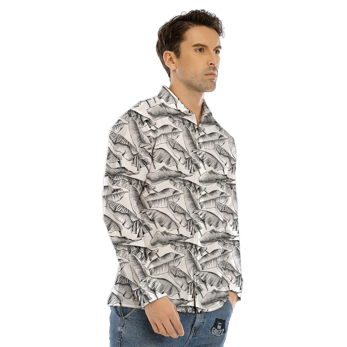 Banana Leaf White And Black Print Men's Dress Shirts-grizzshop