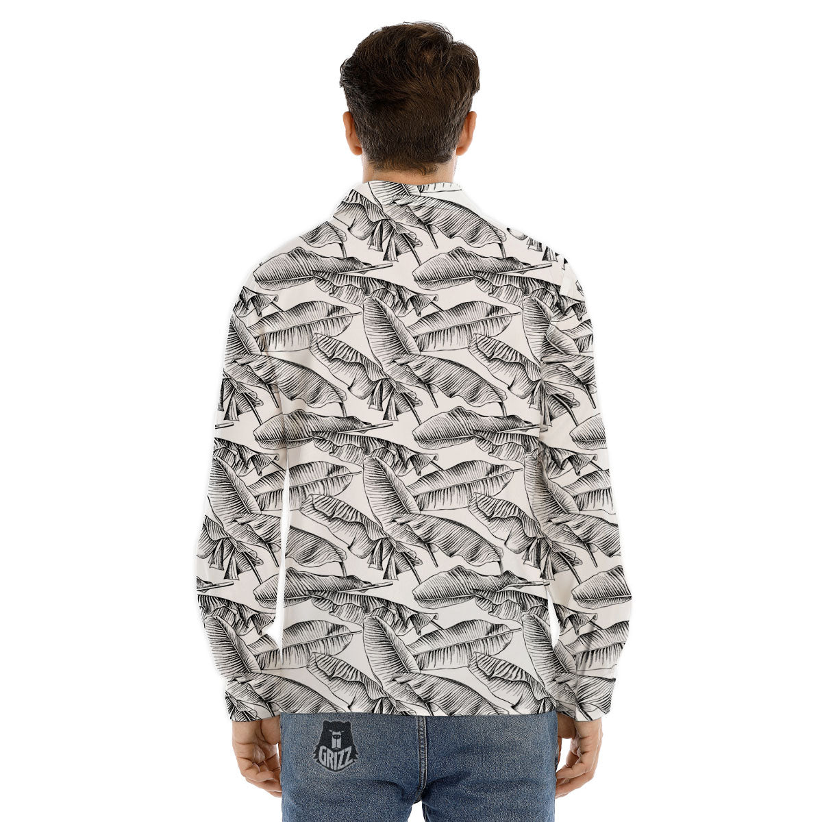 Banana Leaf White And Black Print Men's Dress Shirts-grizzshop