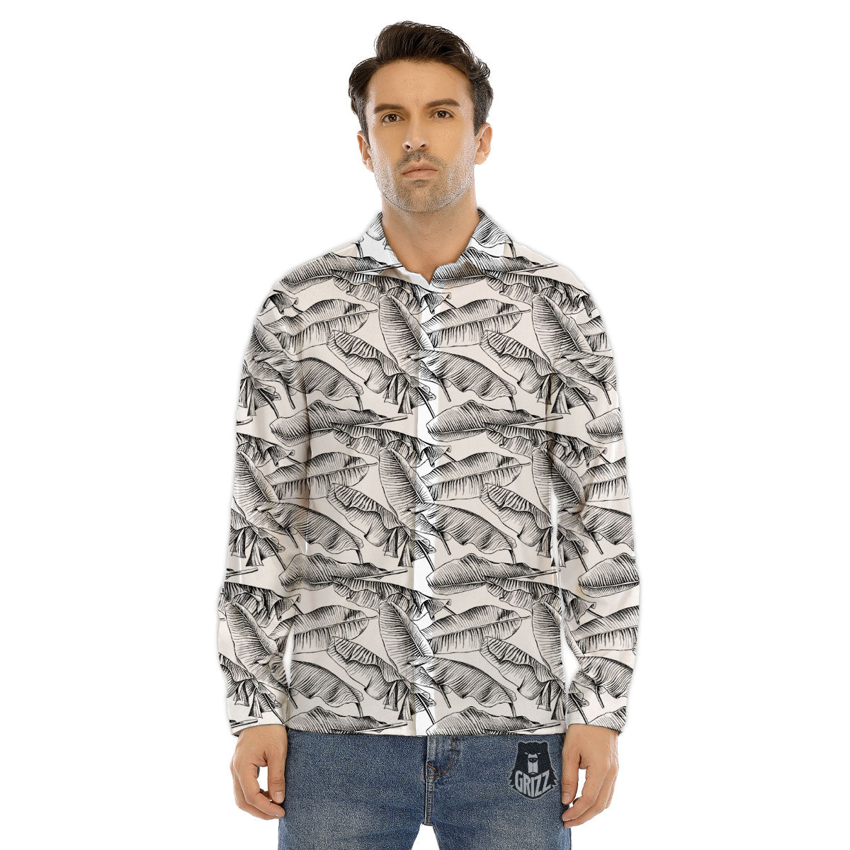Banana Leaf White And Black Print Men's Dress Shirts-grizzshop