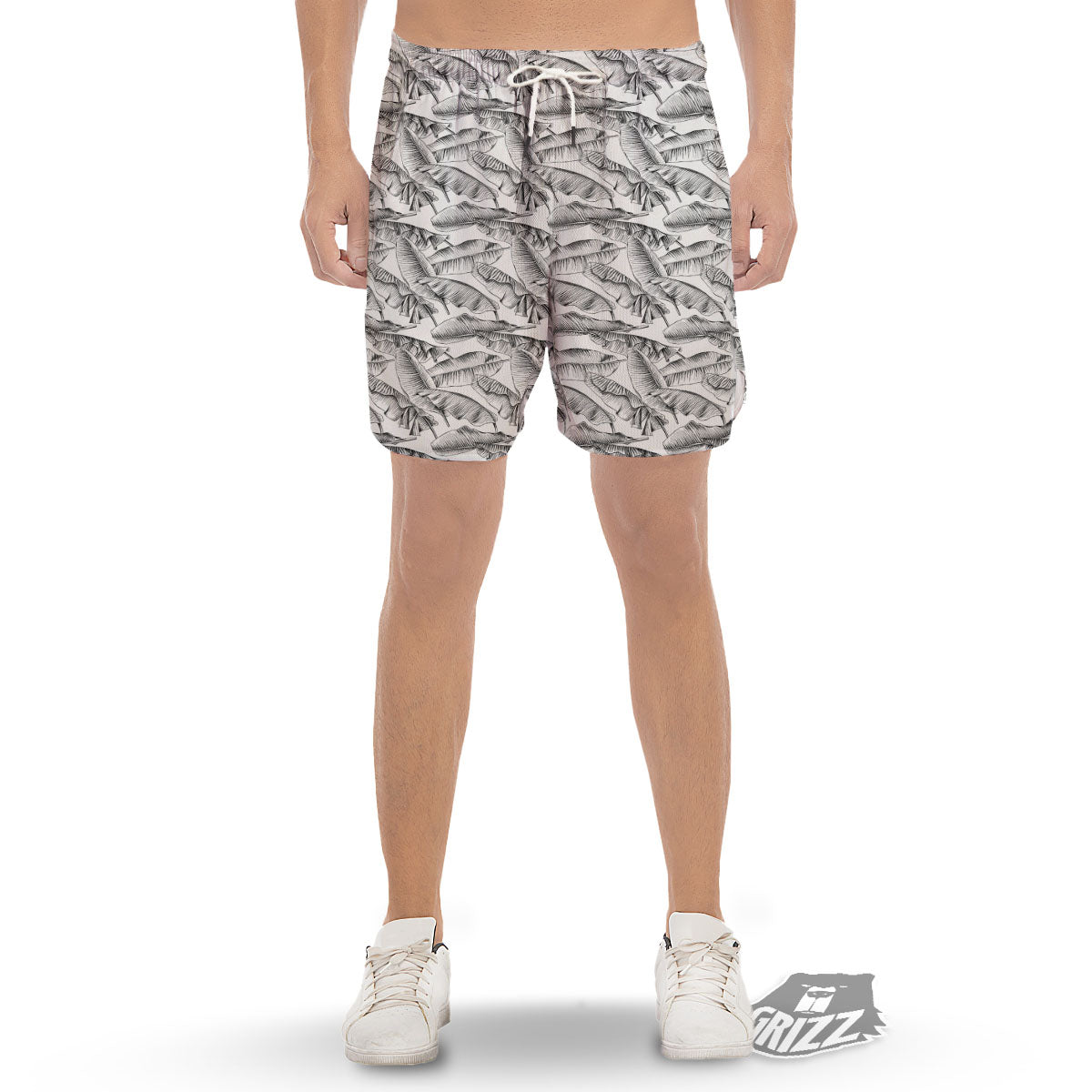 Banana Leaf White And Black Print Men's Gym Shorts-grizzshop