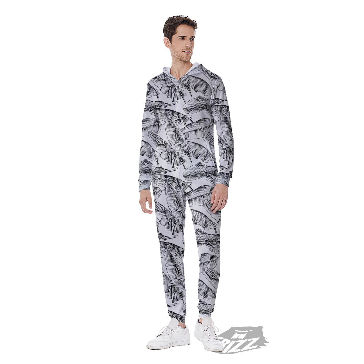 Banana Leaf White And Black Print Men's Jumpsuit-grizzshop