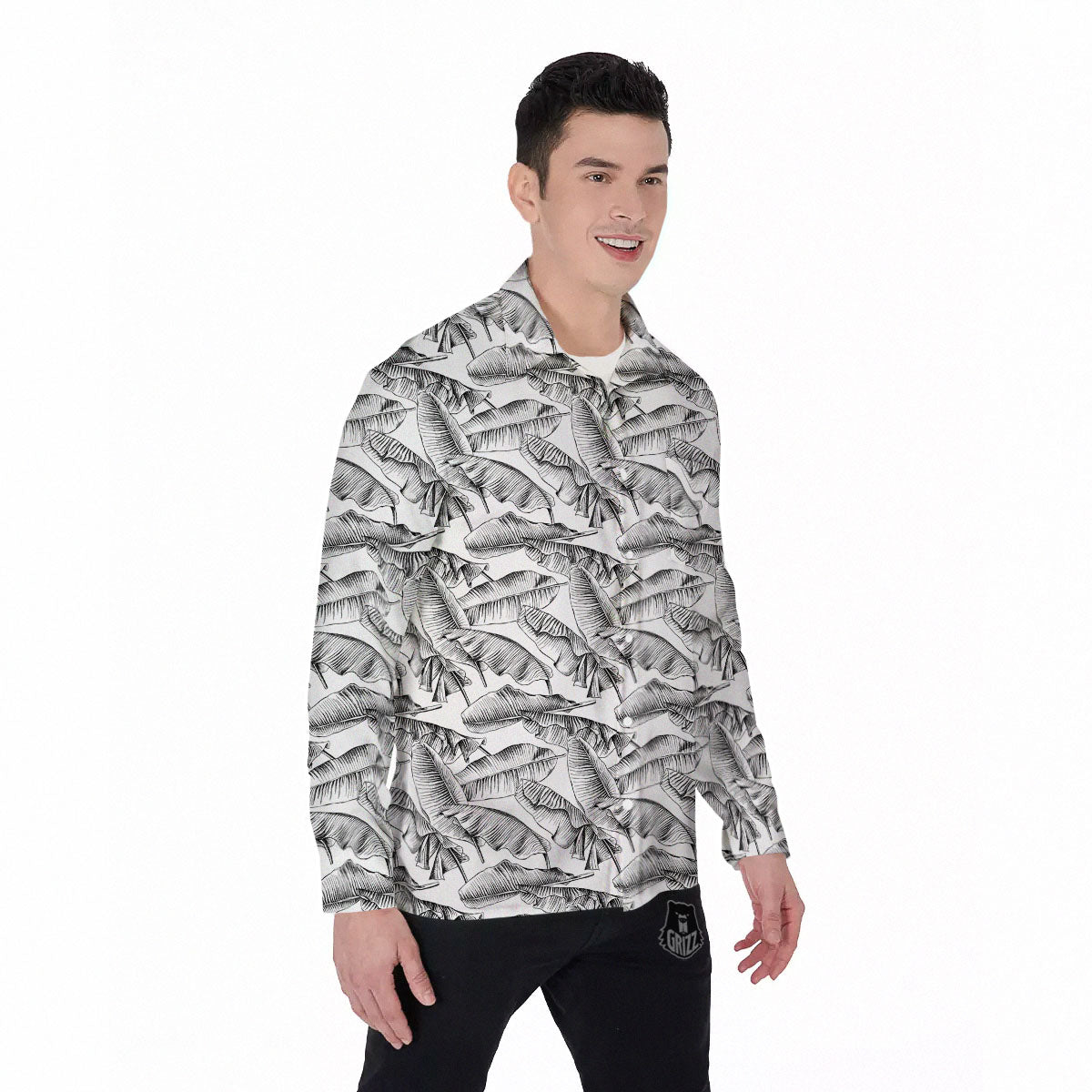 Banana Leaf White And Black Print Men's Long Sleeve Shirts-grizzshop