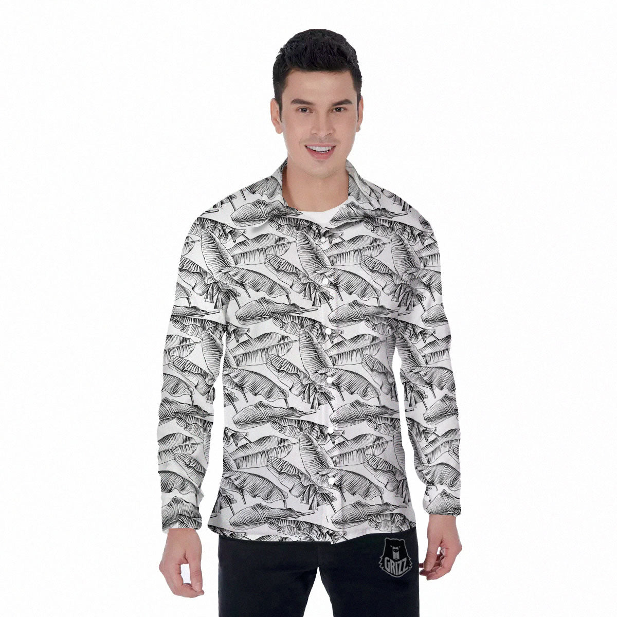 Banana Leaf White And Black Print Men's Long Sleeve Shirts-grizzshop