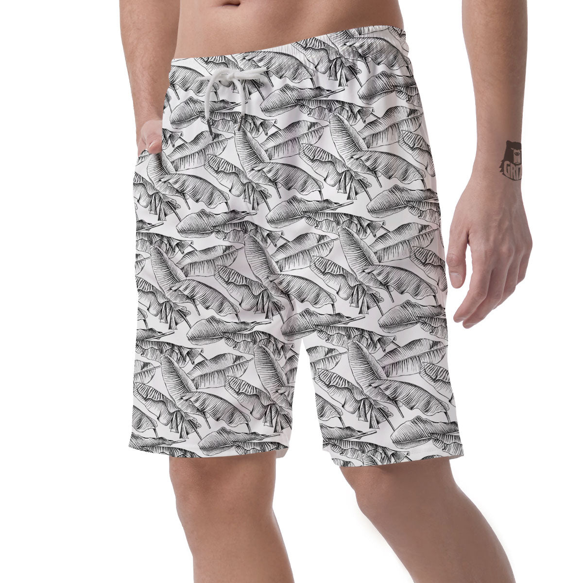 Banana Leaf White And Black Print Men's Shorts-grizzshop