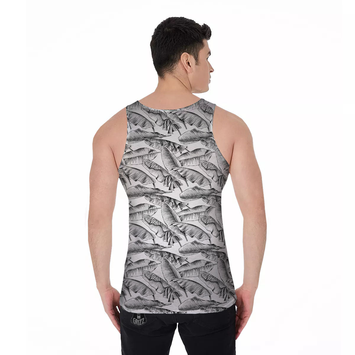 Banana Leaf White And Black Print Men's Tank Top-grizzshop