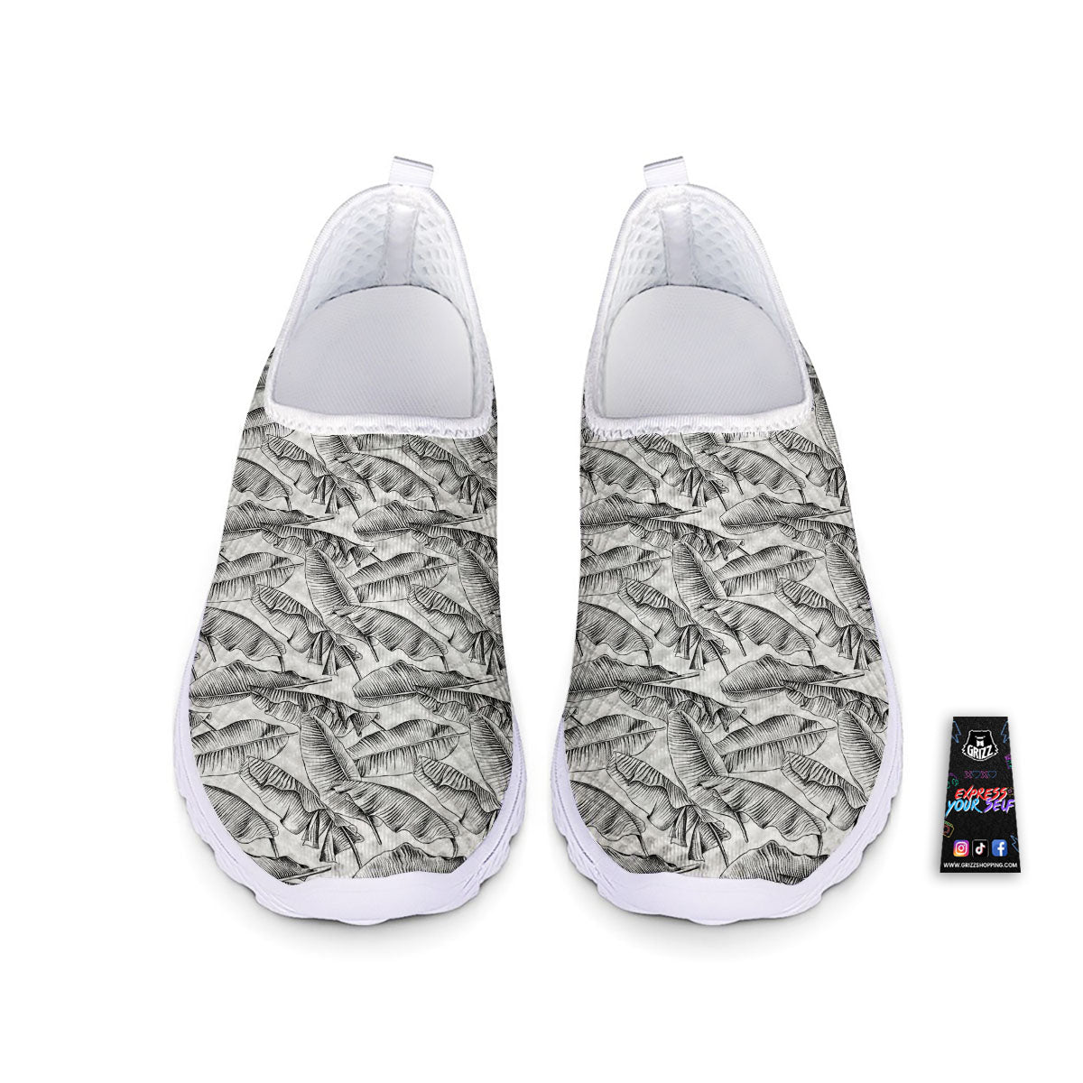 Banana Leaf White And Black Print Nurse Shoes-grizzshop