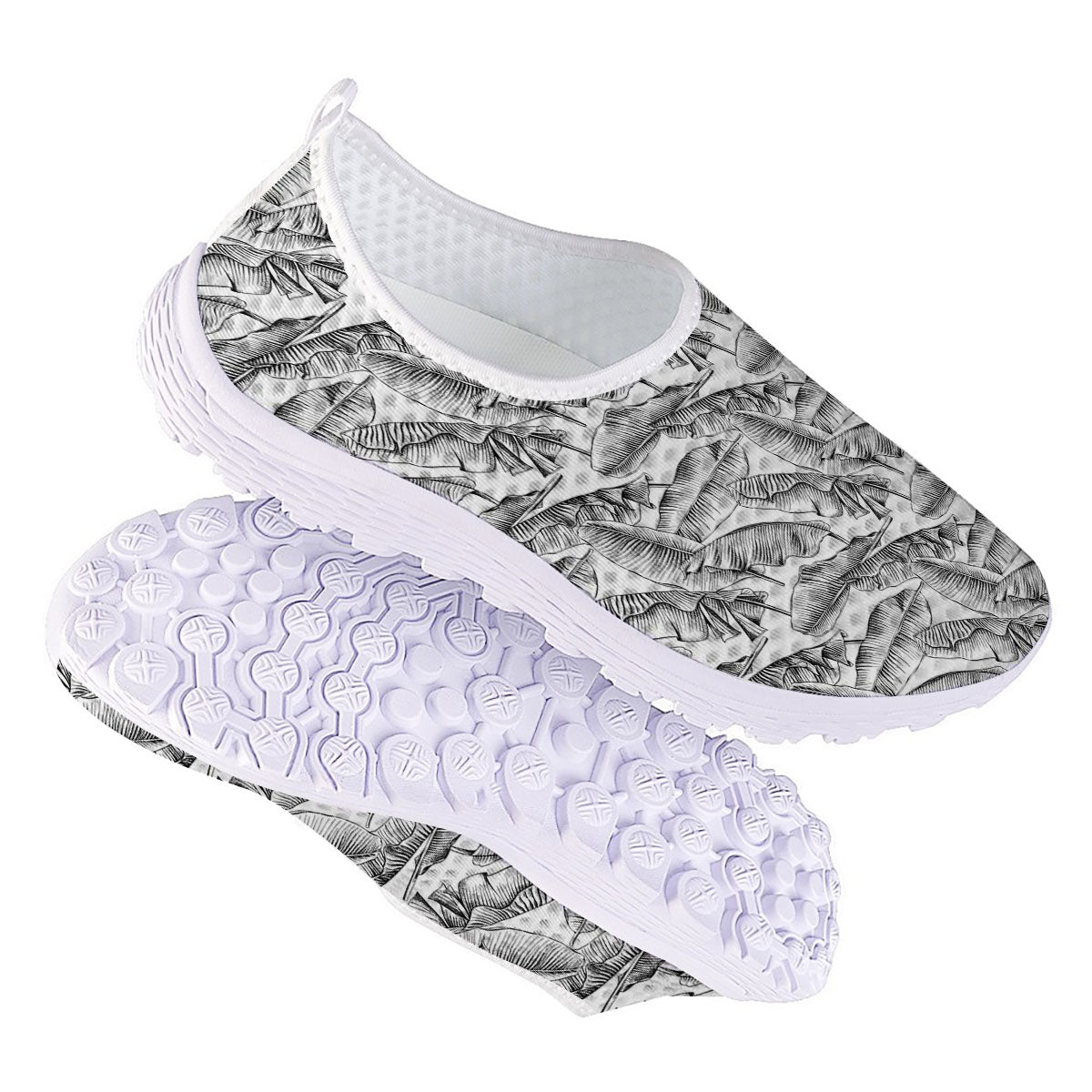 Banana Leaf White And Black Print Nurse Shoes-grizzshop