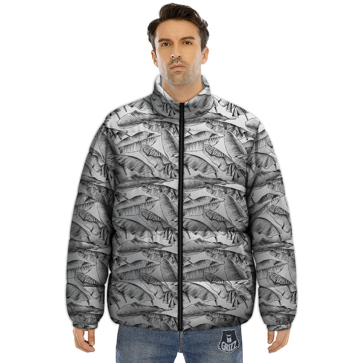 Banana Leaf White And Black Print Puffer Jacket-grizzshop