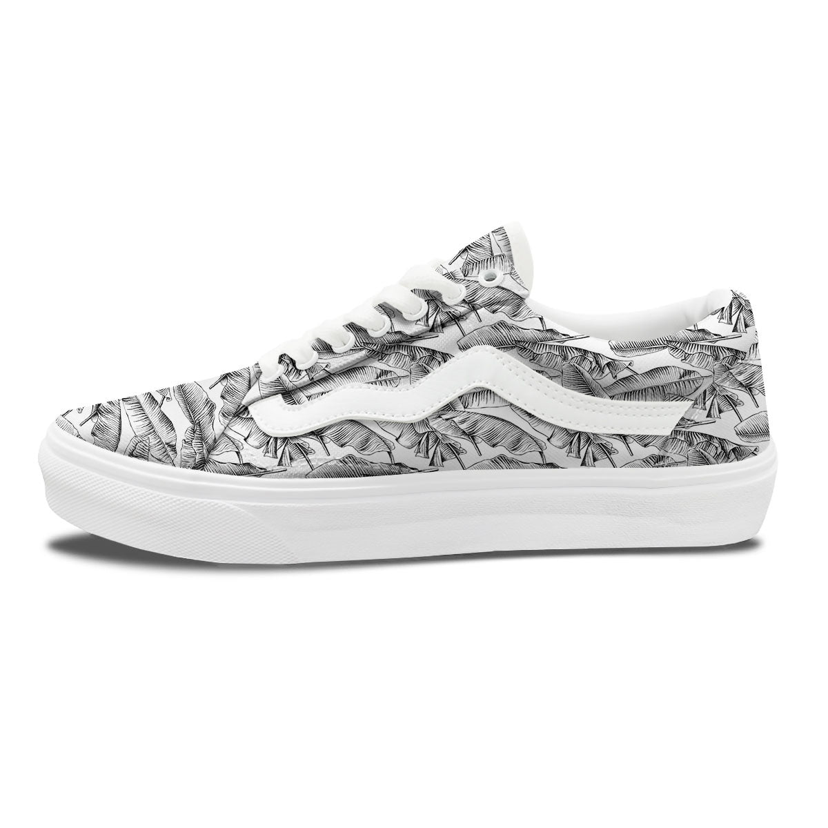 Banana Leaf White And Black Print Skate Shoes-grizzshop
