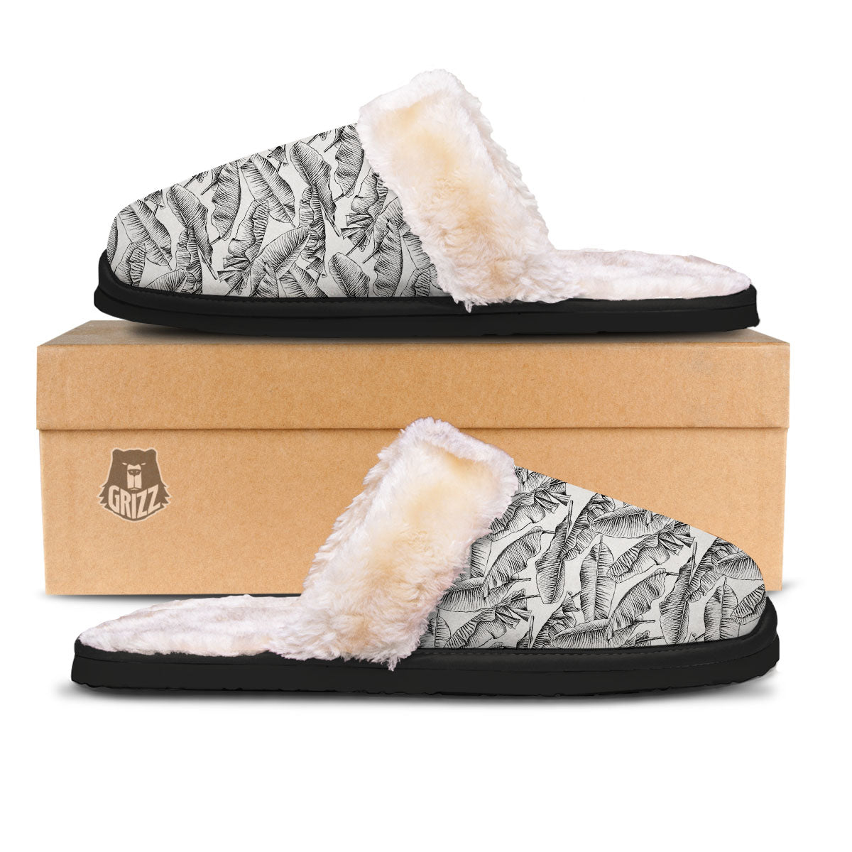 Banana Leaf White And Black Print Slippers-grizzshop