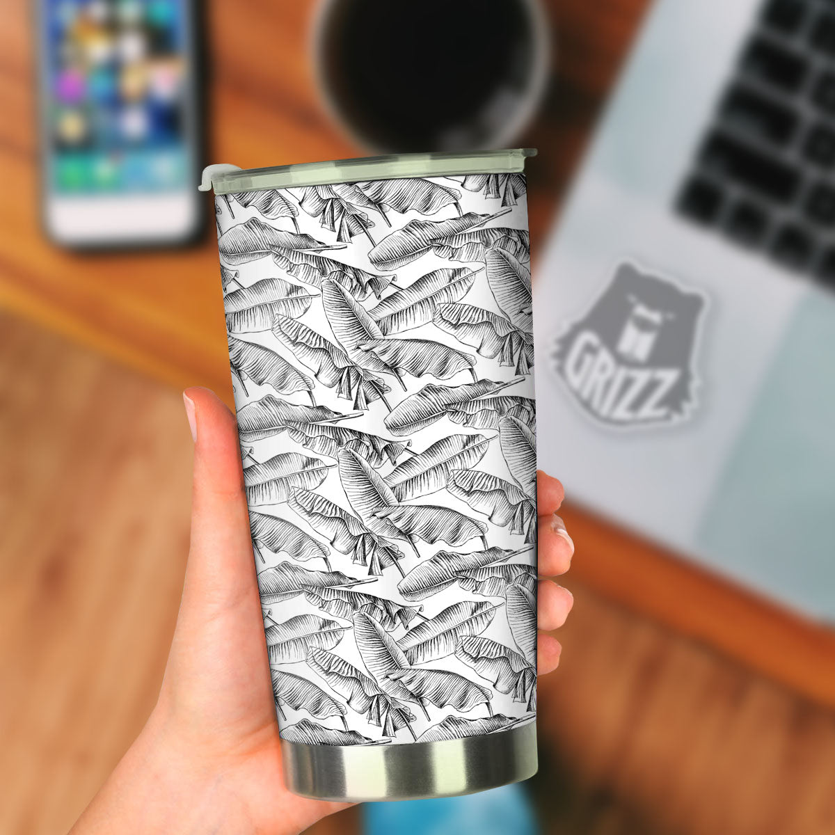 Banana Leaf White And Black Print Tumbler-grizzshop