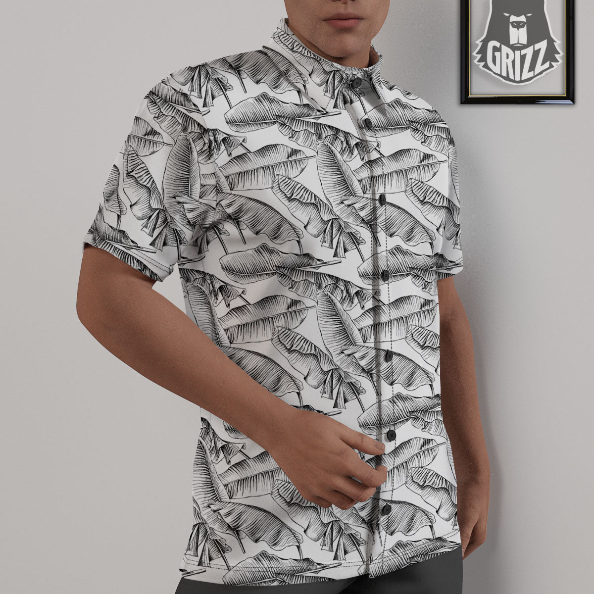 Banana Leaf White And Black Print Untucked Shirts-grizzshop