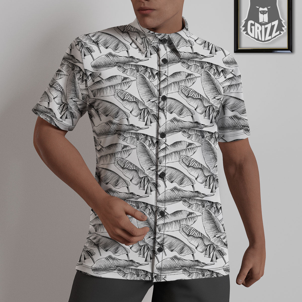 Banana Leaf White And Black Print Untucked Shirts-grizzshop