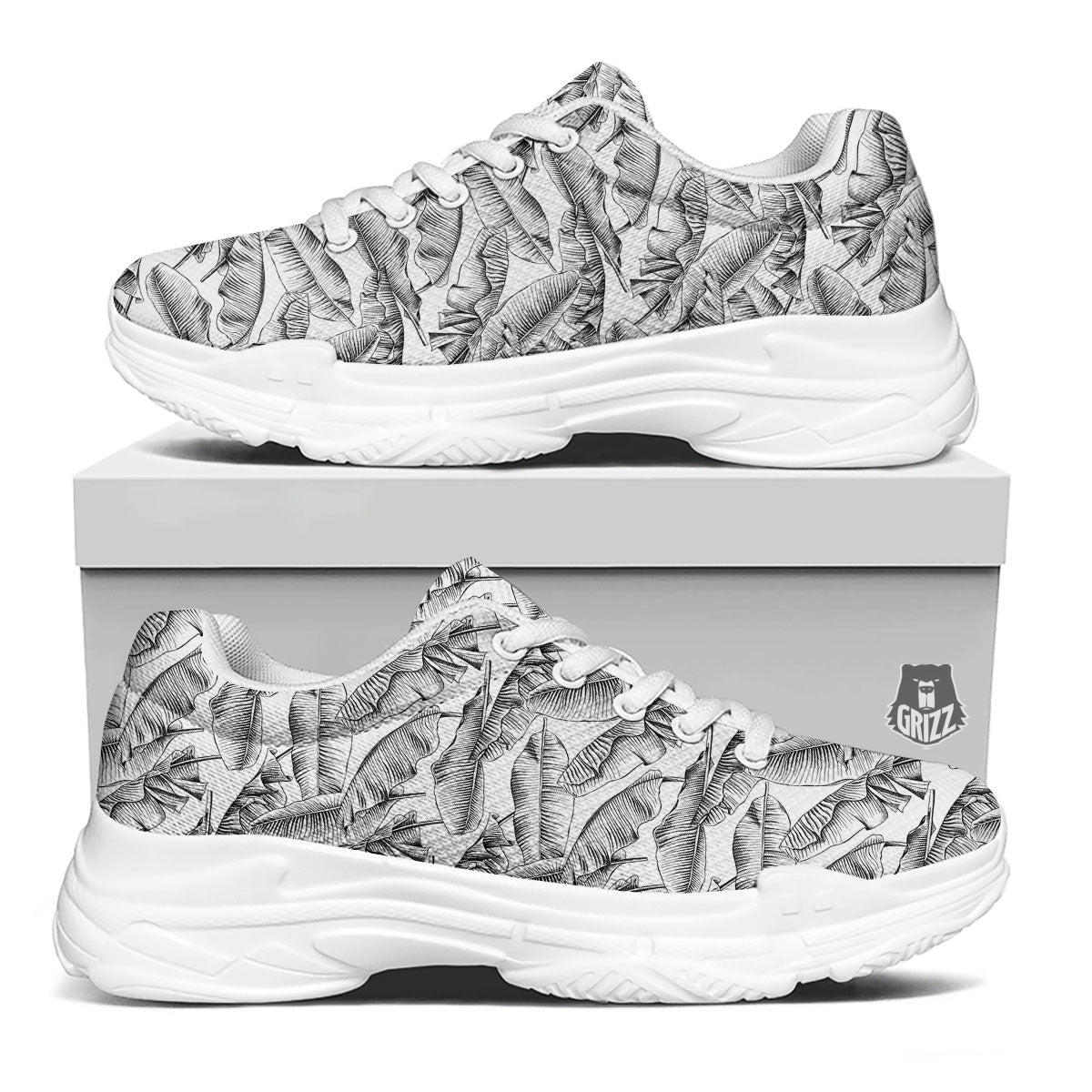 Banana Leaf White And Black Print White Chunky Shoes-grizzshop