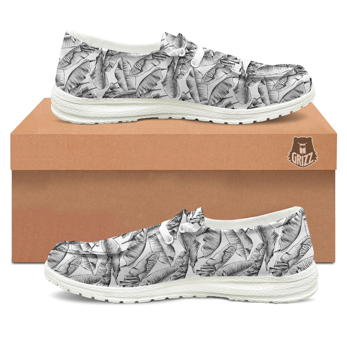 Banana Leaf White And Black Print White Loafers-grizzshop
