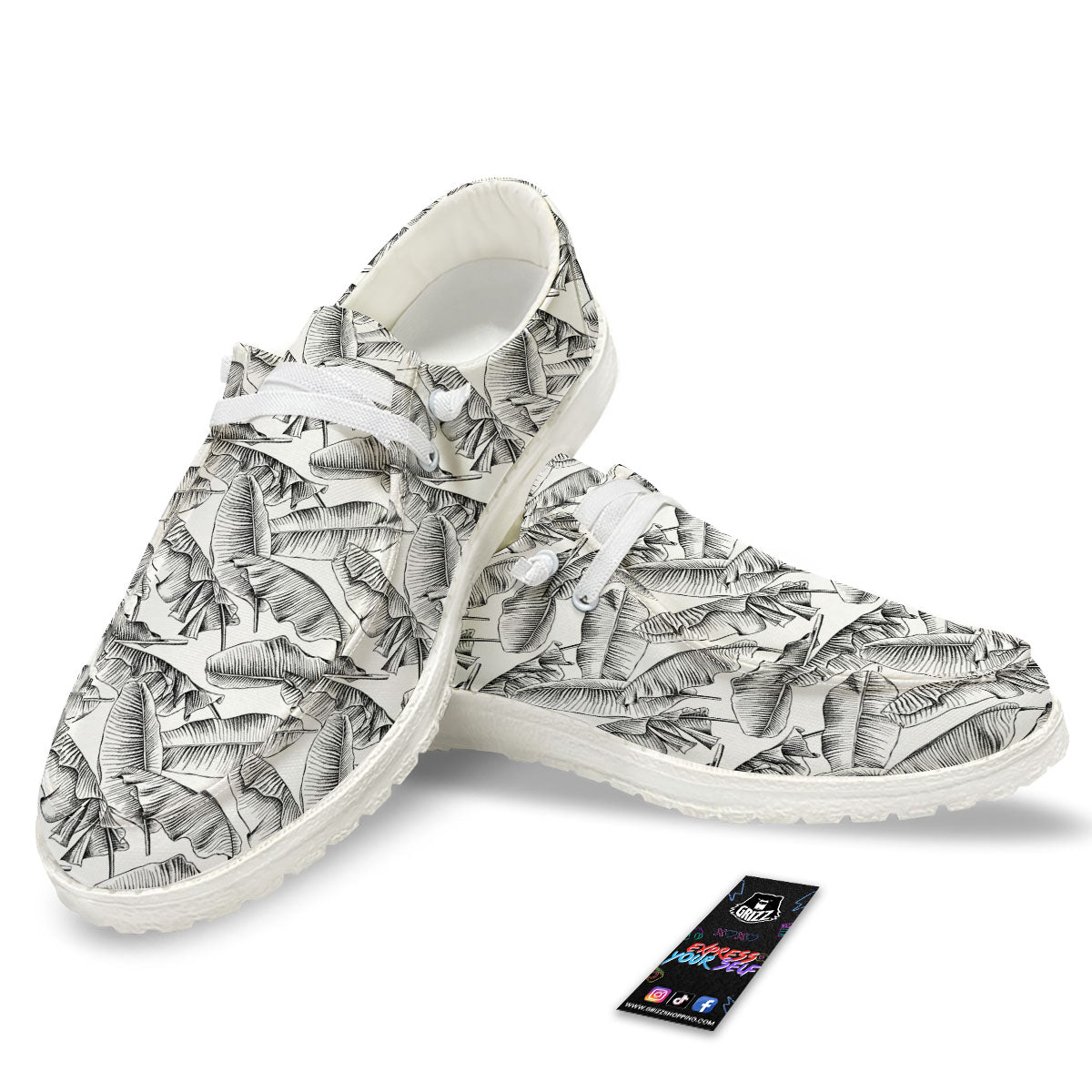 Banana Leaf White And Black Print White Loafers-grizzshop
