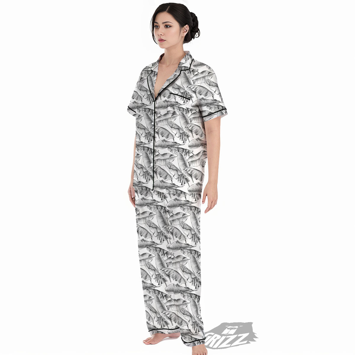 Banana Leaf White And Black Print Women's Pajamas Set-grizzshop