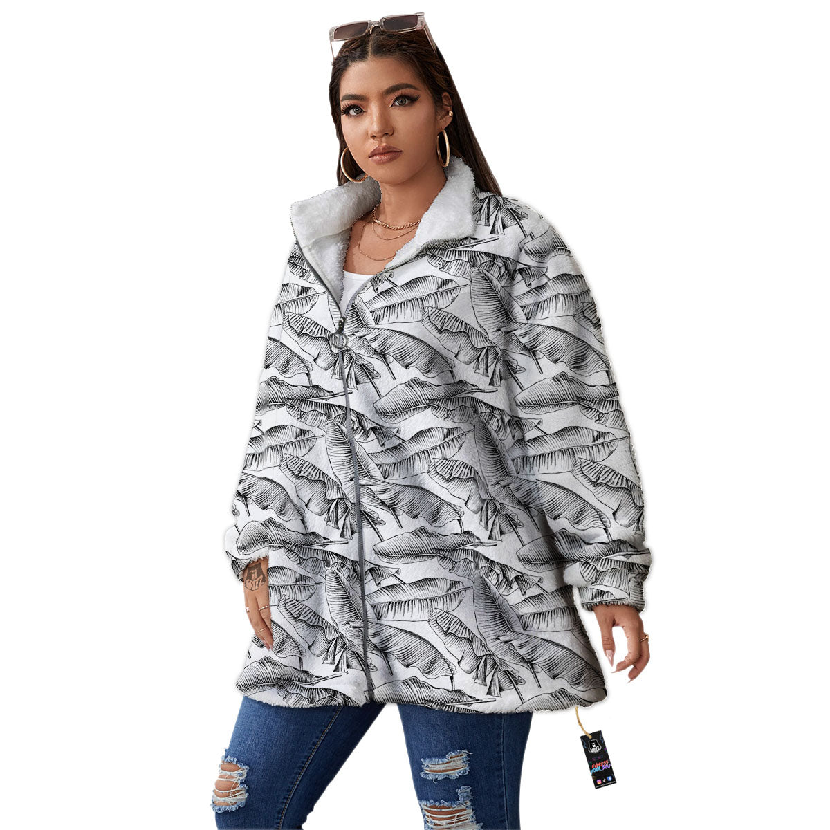 Banana Leaf White And Black Print Women's Sherpa Jacket-grizzshop