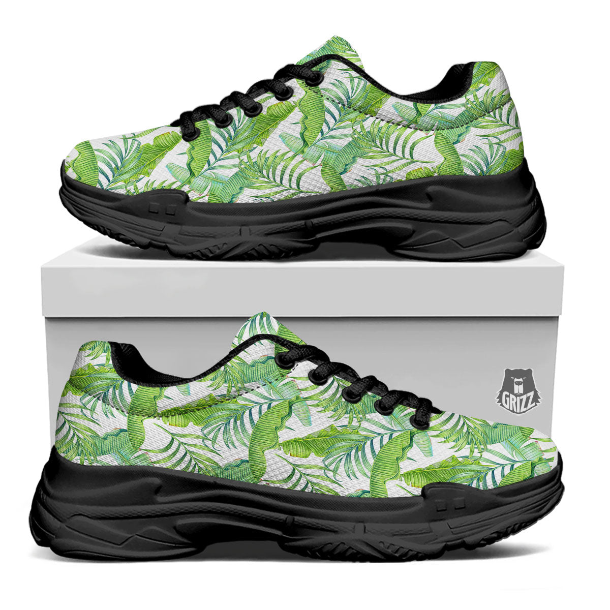 Banana Leave Palm Tree Print Pattern Black Chunky Shoes-grizzshop