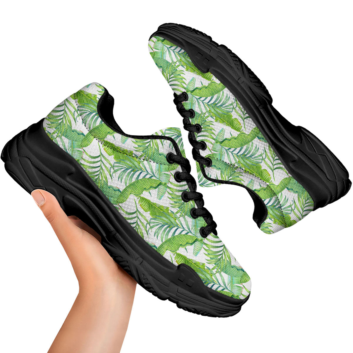 Banana Leave Palm Tree Print Pattern Black Chunky Shoes-grizzshop